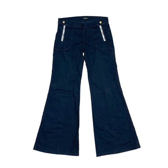 7 For All Mankind Flare Jeans Women's Size 27 Black Stretch  Low Waisted Zippers - Picture 1 of 11